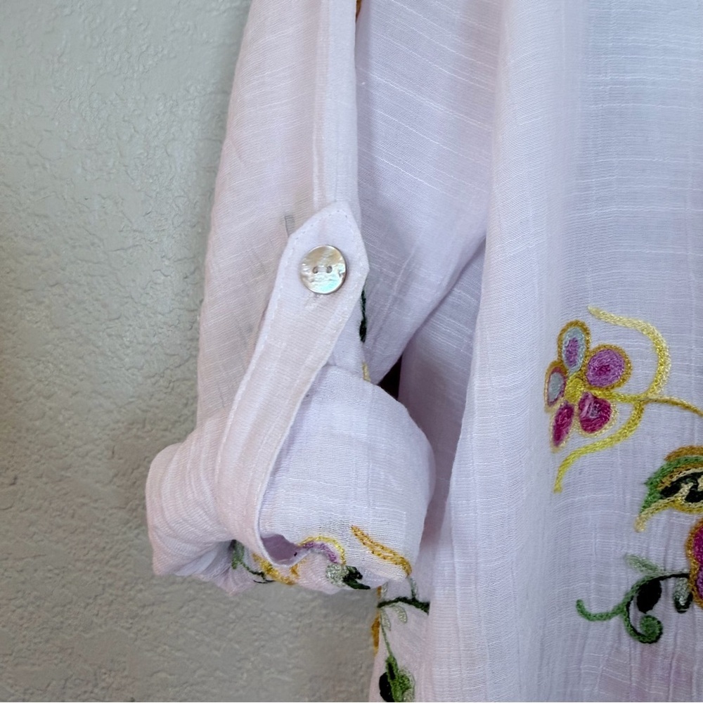 Anthropologie Fig and Flower White Sheer Floral Embroidered Boho Button Up Top L - Picture 5 of 9